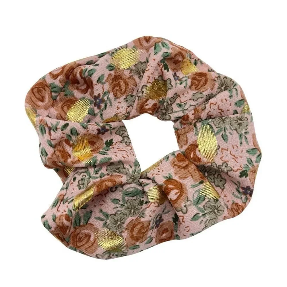 Boho Oversized Floral Mesh Scrunchie – Pink, Green, Gold Foil Cottagecore Vibes
